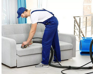 Специалист чистит мебель